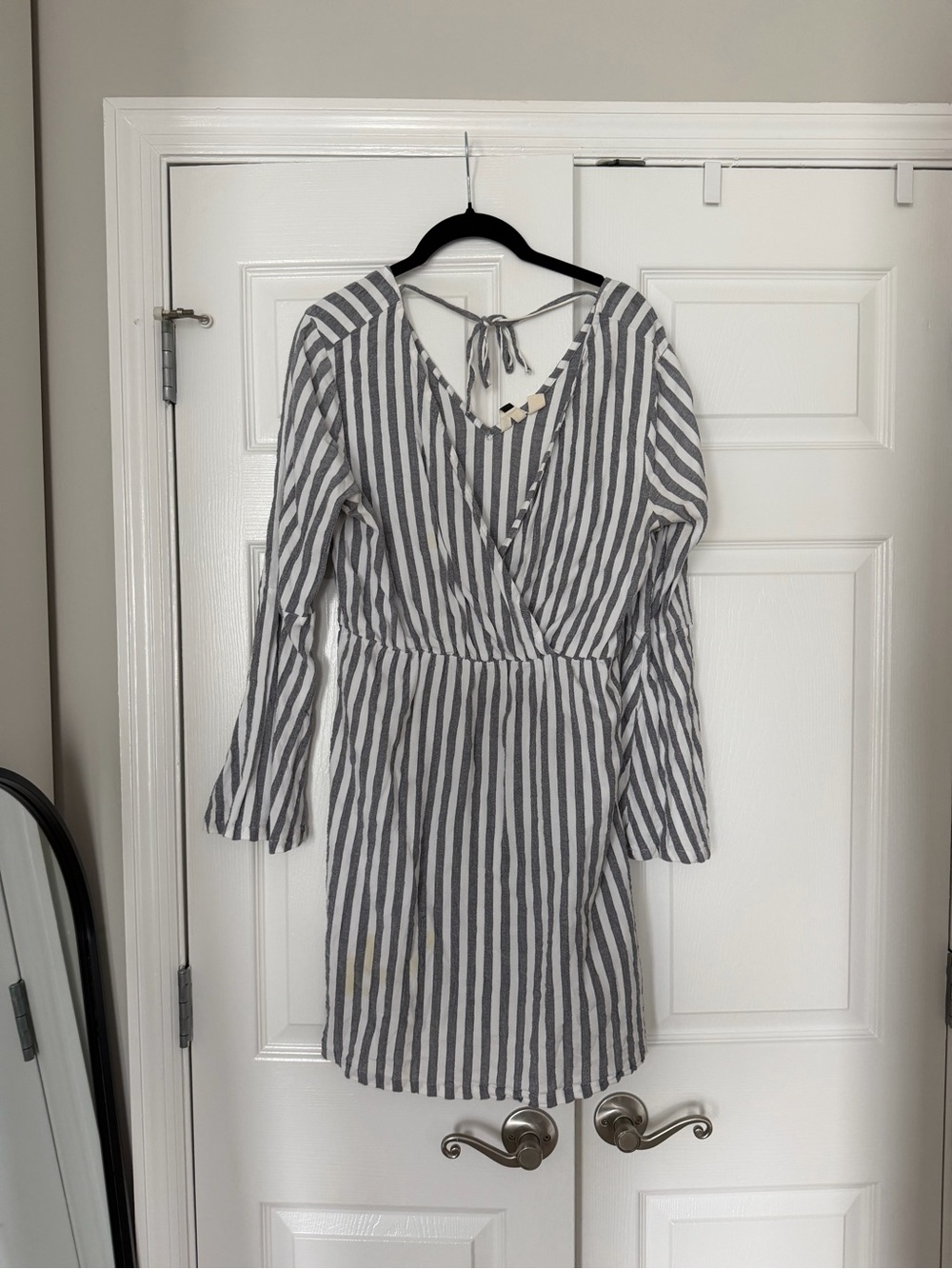 Gray and White Striped Tie-Back Wrap Dress